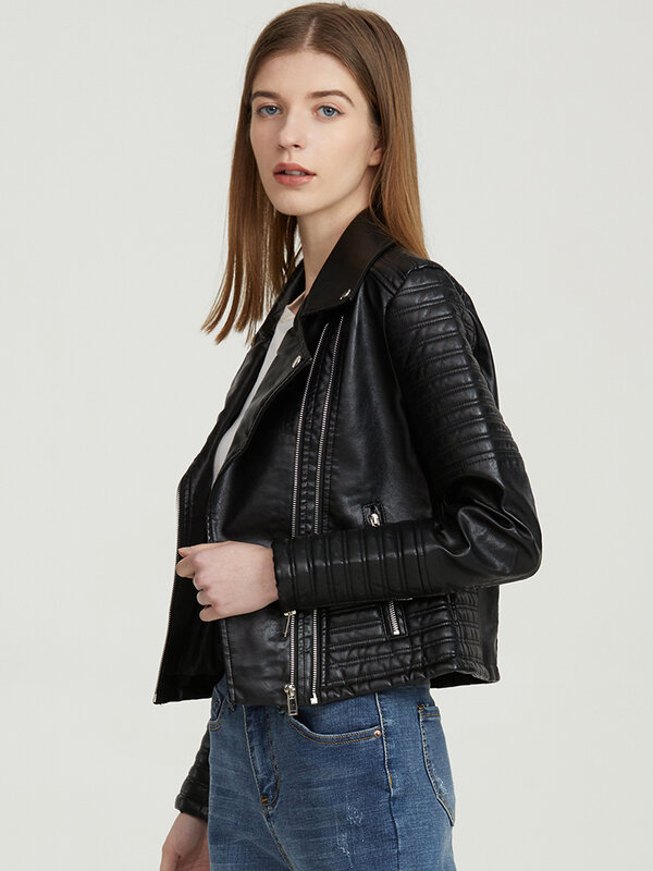 Jaqueta de couro feminino PU motocicleta, gola de abrir, casaco punk preto, feminino Rivet Zipper Outerwear