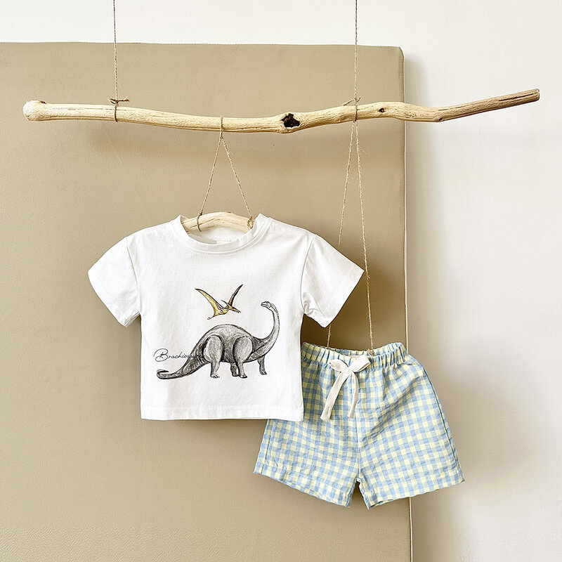 Conjunto de ropa de 2 piezas para bebé, camiseta de manga corta con estampado de dinosaurio informal, pantalones cortos a cuadros, conjunto de verano