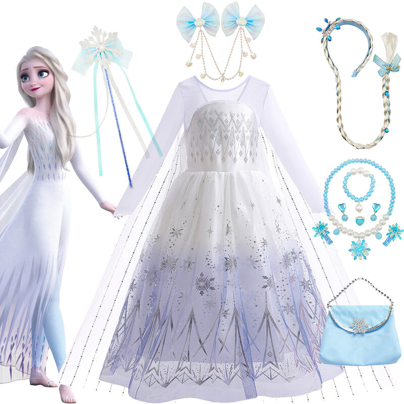 Meninas Frozen 2 Princesa Elsa Vestido Branco, Roupas Cosplay, Tule de lantejoulas, Fantasia Fantasia Fantasia, Conjuntos Disfarce Halloween, Vestido