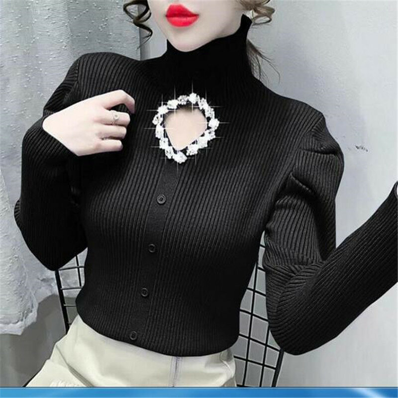 Diamonds Hollow Out Pullover Jumpers Turtleneck Long Sleeve Solid Color Knitted Sweaters Women Slim Fit Pull Femme