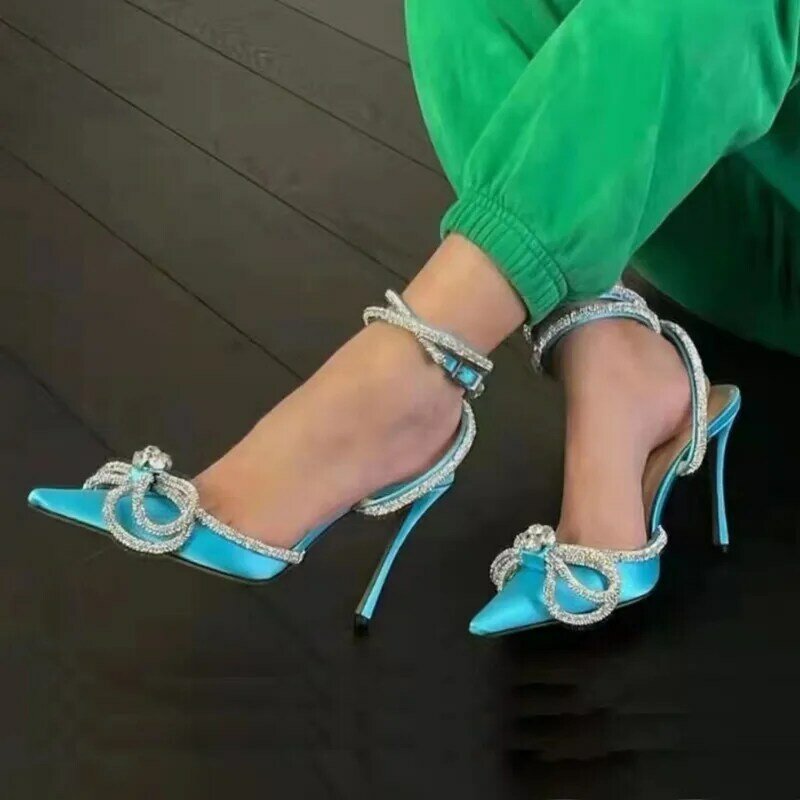 Styl Runway brokat dżetów kobiet pompy kryształowe bowknot satynowe letnie buty damskie oryginalne skórzane szpilki na imprezę bal buty