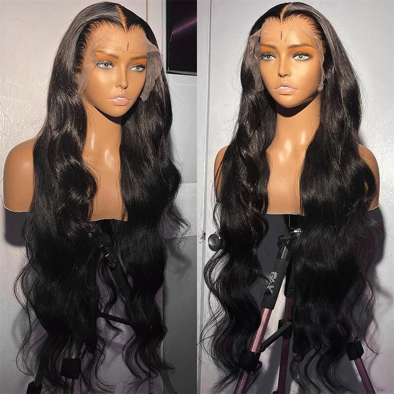Peluca de cabello humano con encaje Frontal transparente para mujeres negras, cabello Remy, onda corporal, Color Natural, 13x4