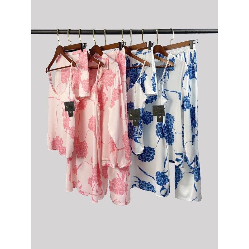 La high-quality luxury ladies silky satin hydrangea pajamas suit suspenders shorts suit long nightgown summer