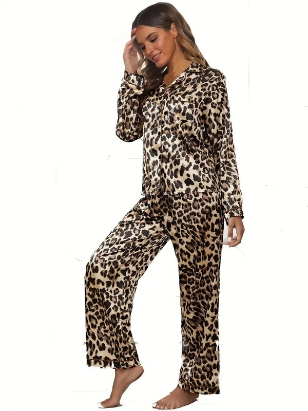 Damen Pyjama Set 2 Stück Leoparden muster Pyjama Kunstseide Satin Nachtwäsche Frühling Sommer Langarm Pijama Mujer Pjs Homewear