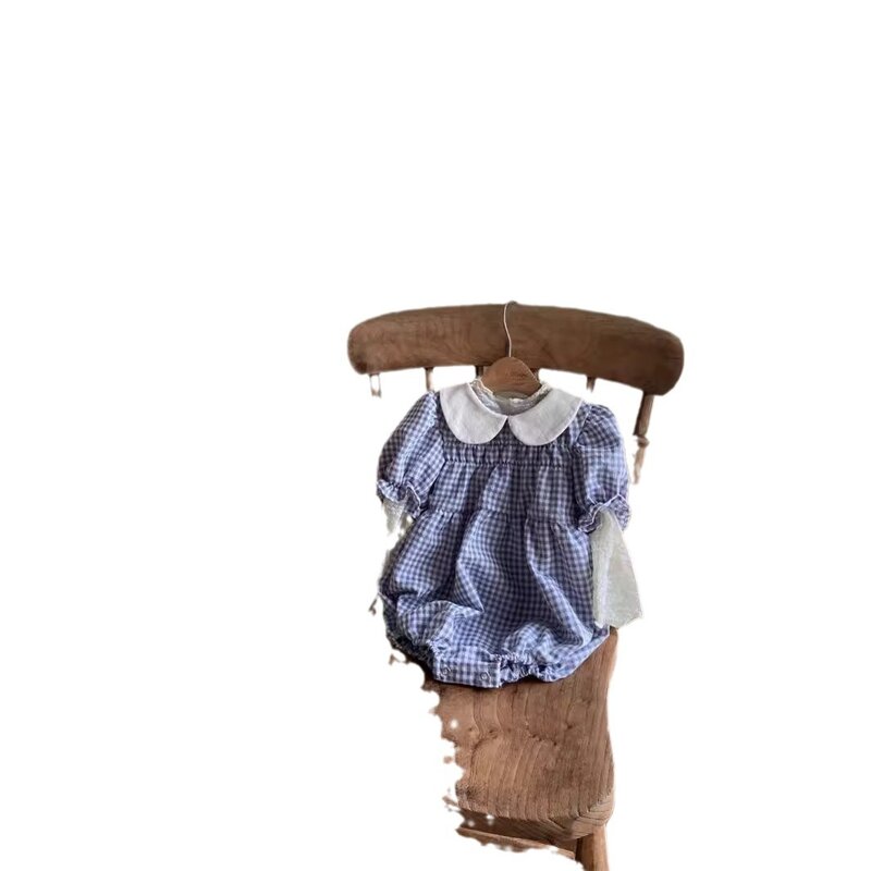 Летнее клетчатое боди с отложным воротником и короткими рукавами для маленьких мальчиков и девочек, модное тонкое хлопковое боди с цветочным принтом, Одежда для новорожденных