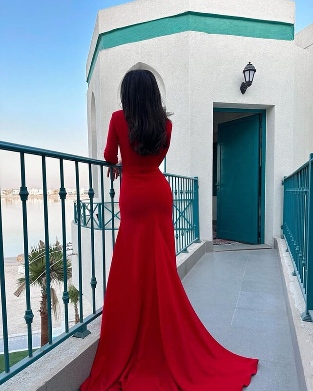 Jirocum Satin Red Prom Dress Women's Long Sleeve Mermaid Party Evening Gown Sweetheart Saudi Arabia Formal Occasion Dresses 2024