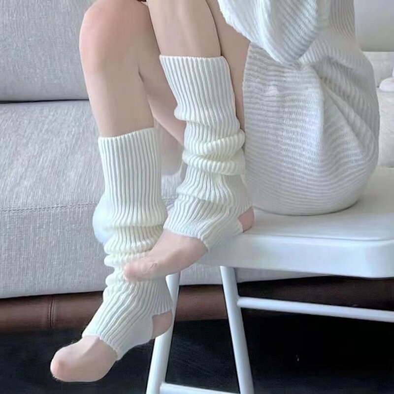 Pelindung kaki warna polos Lolita Y2k, penghangat kaki berlubang dengan hak kaki rajut hangat untuk wanita