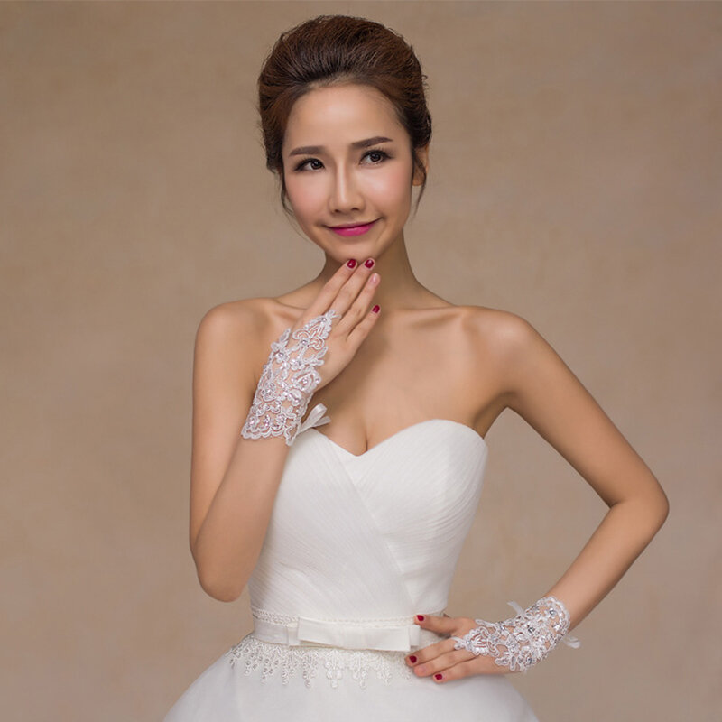 Sarung tangan pengantin berlian imitasi tanpa jari renda paragraf pendek elegan untuk Aksesori seksi pesta pernikahan