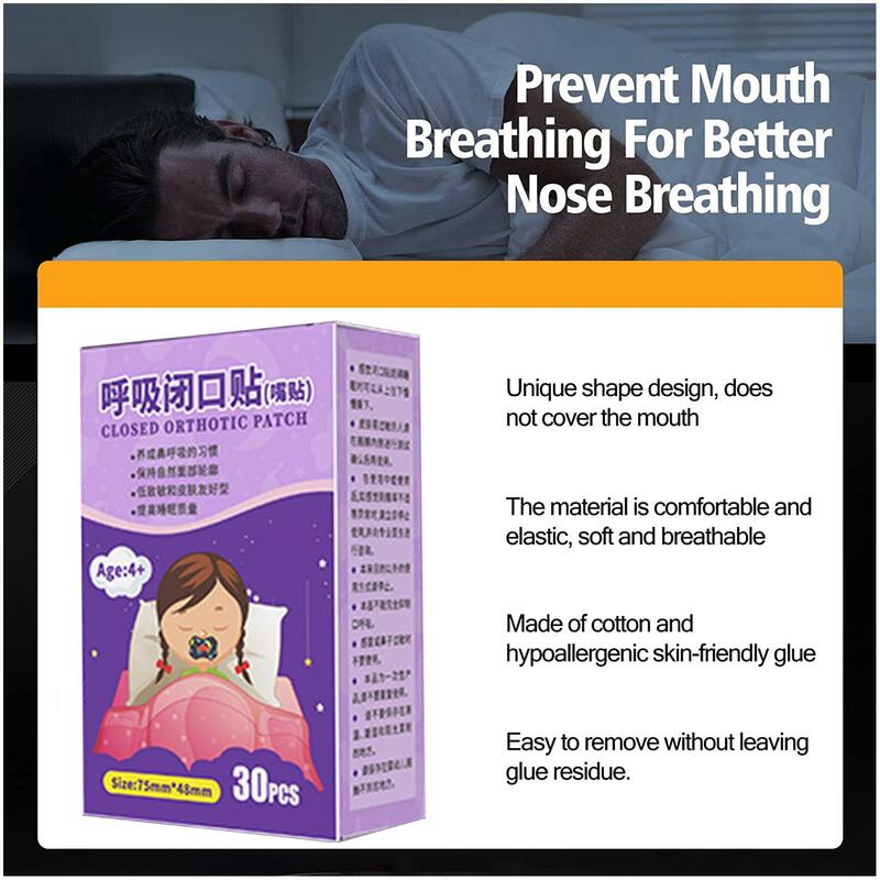 30 Buah/Boks Stiker Anti-dengkuran untuk Anak-anak Dewasa Malam Tidur Bibir Hidung Bernapas Meningkatkan Tambalan Mulut Pita Stiker Koreksi