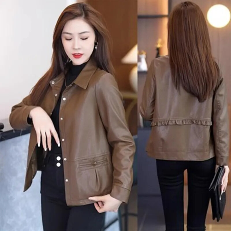 Single-Breasted Short Leather Jacket Female 2024 Spring And Autumn New Temperament Joker Fashion Leather Women Jacket Top
