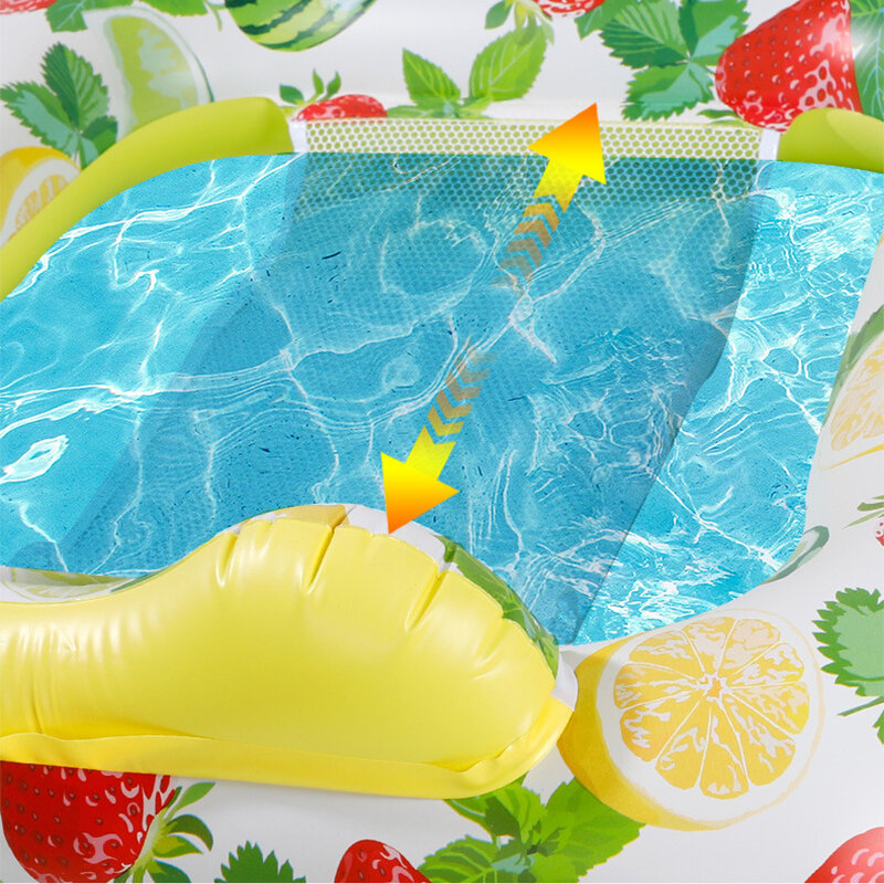 Cama flotante de agua inflable con red de sándwich para adultos, cama flotante plegable de cuatro tubos con patrón de frutas tropicales