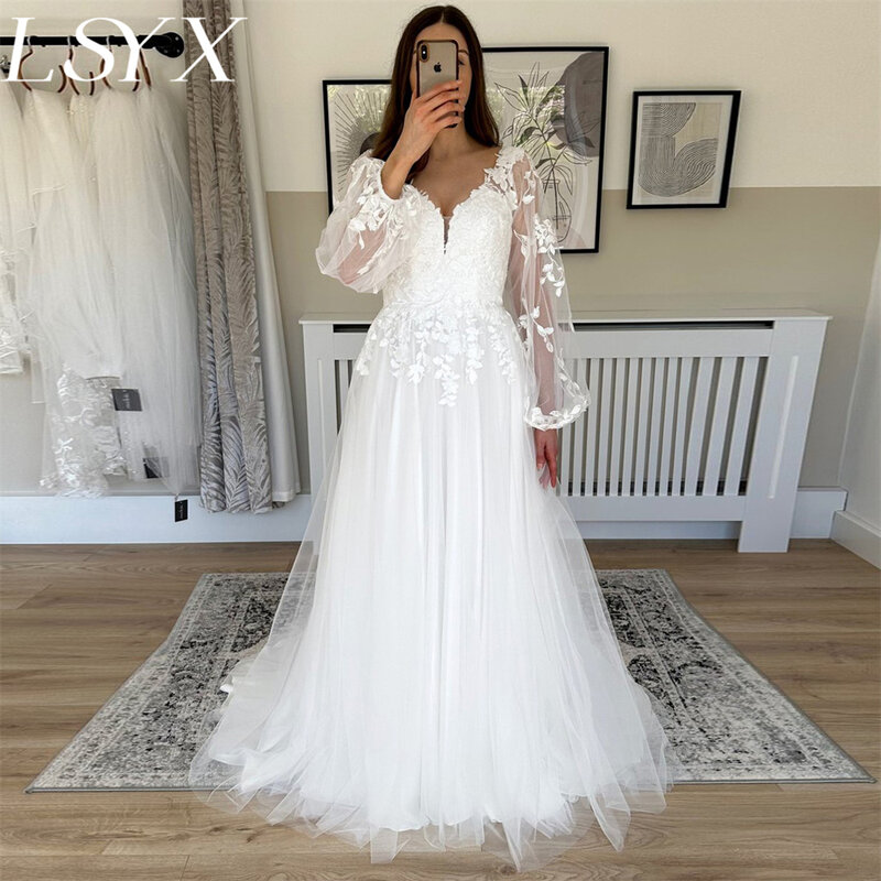 LSYX Fairy gaun pernikahan lengan Puff panjang kerah v gaun pernikahan putih applique A-Line Tulle kancing belakang gaun pengantin kereta gaun pengantin buatan khusus