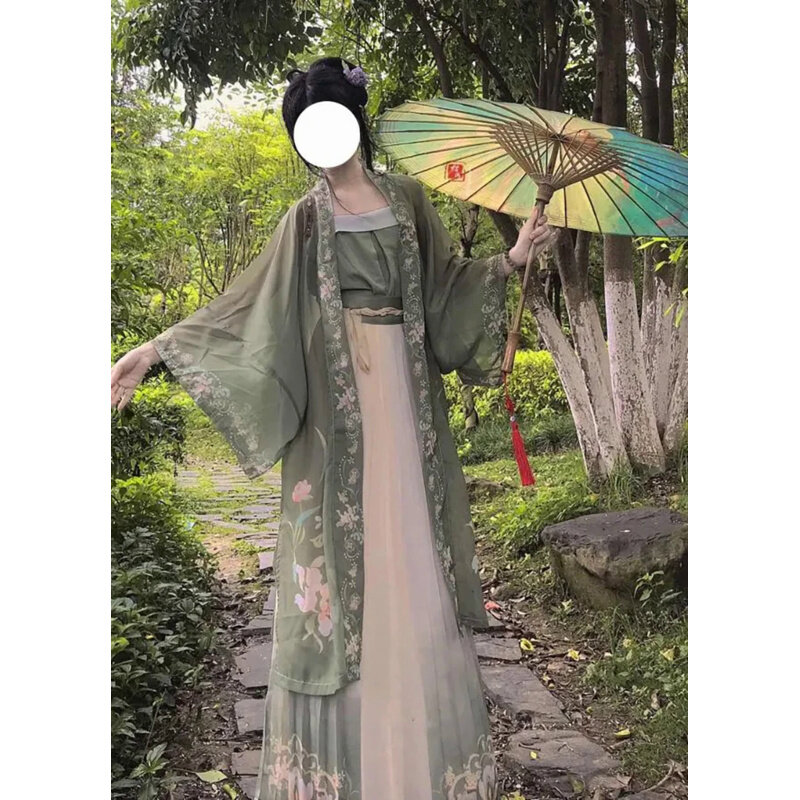 Chinese Hanfu Dress 3PCS Set Tea Green Flowing Maxi Dress Chinese Ancient Women Embroidery Dress Costume For Shooting Graduation
