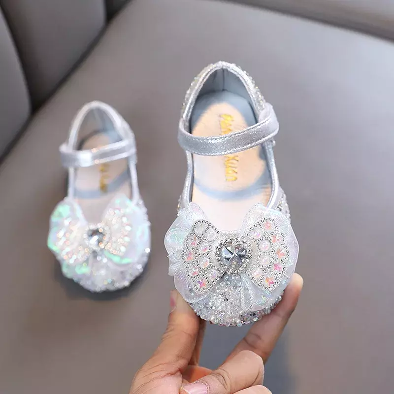 2024 New Girls Princess Leather Shoes Spring Children's Cute Bow Dancing Shoes Kids Rhinestone Party Show Shoes H543