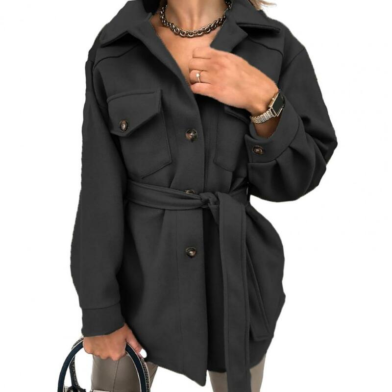 Casaco de gola virada para baixo com cintos feminino, jaqueta monocromática, slim fit, elegante, elegante, inverno, outono