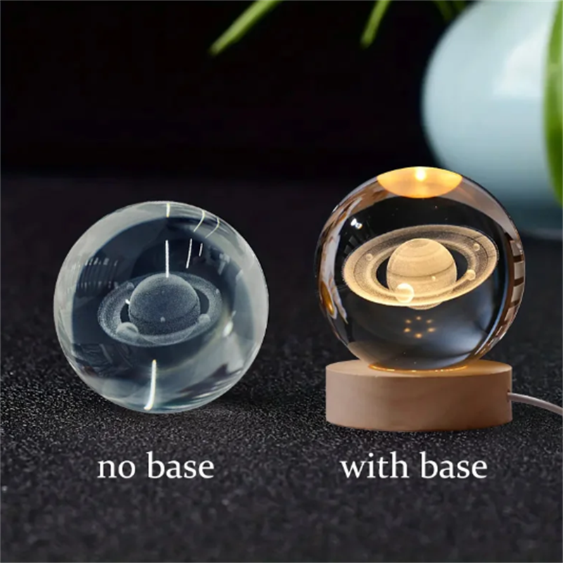 Bola kaca kristal 3D 6cm Planet LED, lampu malam hangat Laser ukiran sistem surya dunia semesta hadiah ulang tahun dasar kayu