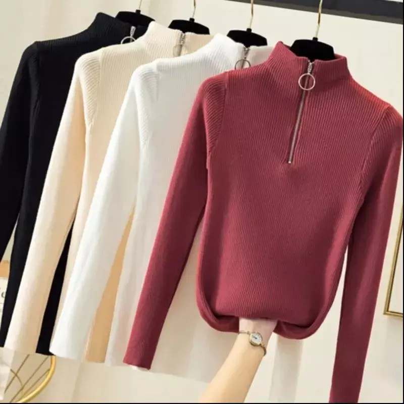 Suéter de punto con cremallera y Cuello medio alto para mujer, jerseys básicos, Tops de punto sólidos delgados, otoño e invierno, nuevo