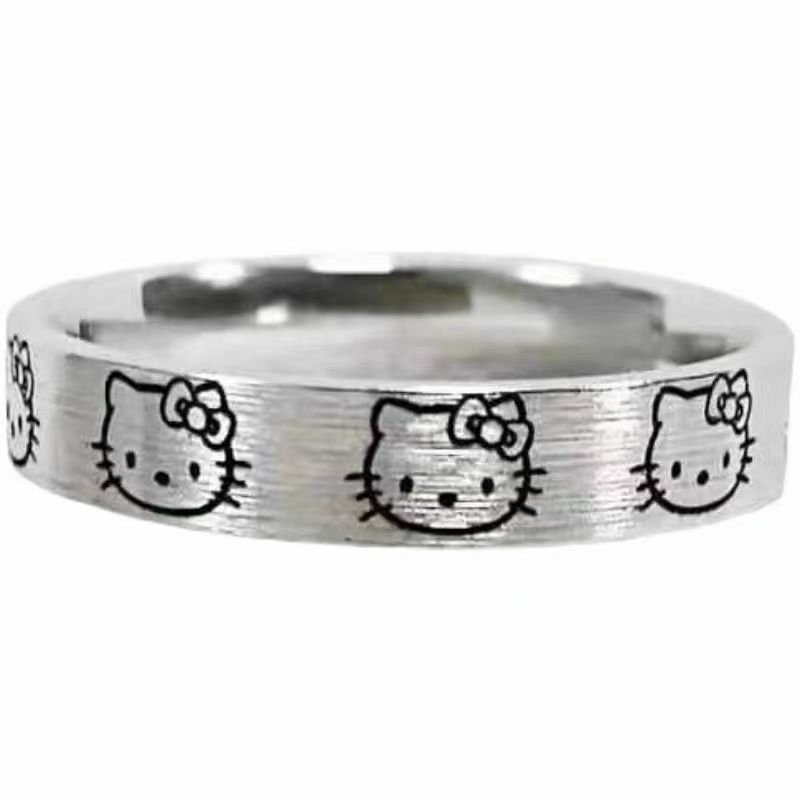 Sanrio Hello Kitty แหวนคู่รักน่ารักลายการ์ตูน Kuromi แหวนอะนิเมะแบบโปรโมเตอร์ปรับขนาดได้ Mymelody แหวนโลหะอัญมณี