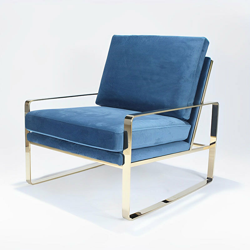 Sofá individual minimalista moderno, sillón de salón ligero de lujo de acero inoxidable con reposabrazos, asiento de tres personas de tela y cuero para sala de estar