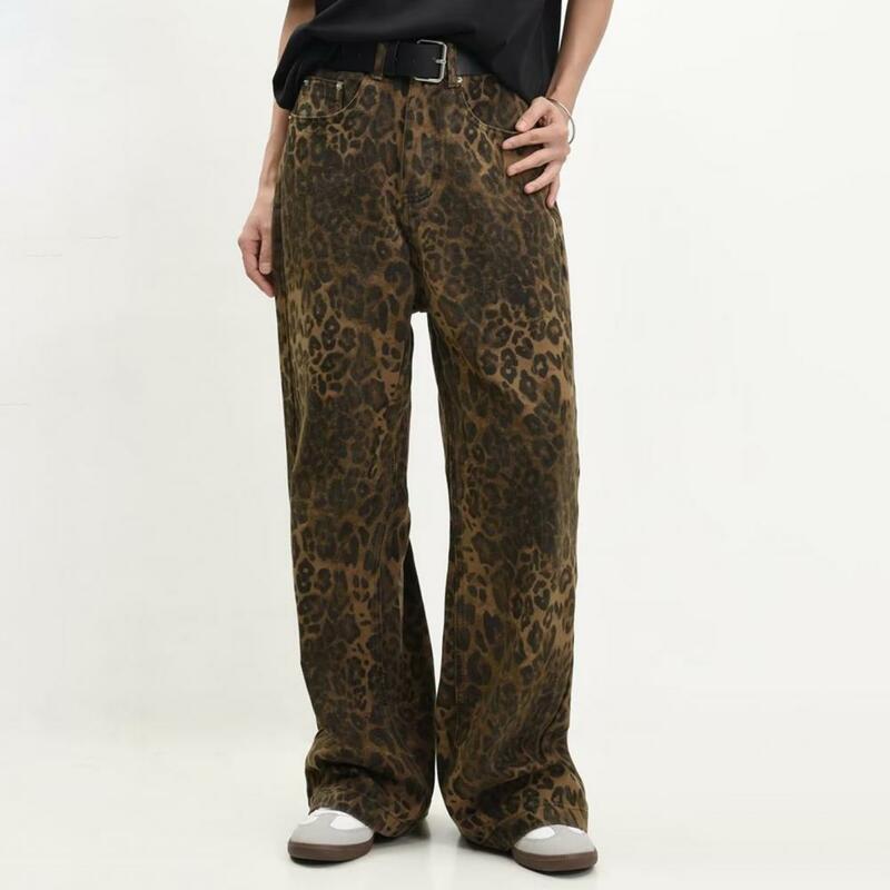 جينز جينز بطبعة جلد النمر مع ساق واسعة ، نمط الشارع الشهير للشباب البالغين ، بنطال فضفاض ، ساق واسعة على الموضة ، وجنسي
