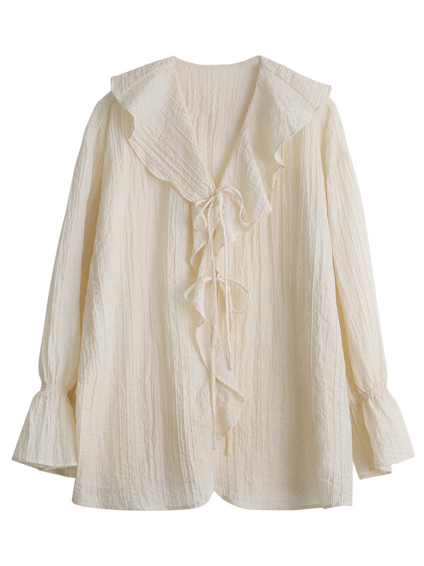 CHIC VEN-camisa holgada informal para mujer, blusa con volantes y cuello en V, longitud media, primavera y verano, 2024