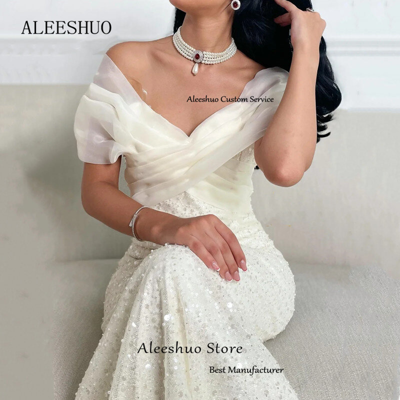 Aleeshuo Elegant Tulle Straight Prom Dress V-Neck Off The Shoulder Evening Dress Beading Sequined Ankle-Length Party Dress 2024