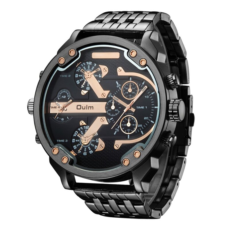 Модные мужские кварцевые часы Oulm с большим циферблатом, полностью из нержавеющей стали 3548, в стиле милитари, стимпанк, с двумя часовыми поясами