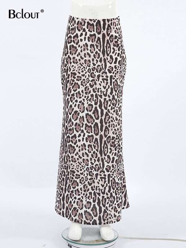 Bclout-Saia comprida com estampa de leopardo feminina, saias femininas com zíper, elegante saias trompete, senhora do escritório, festa, sexy, moda verão
