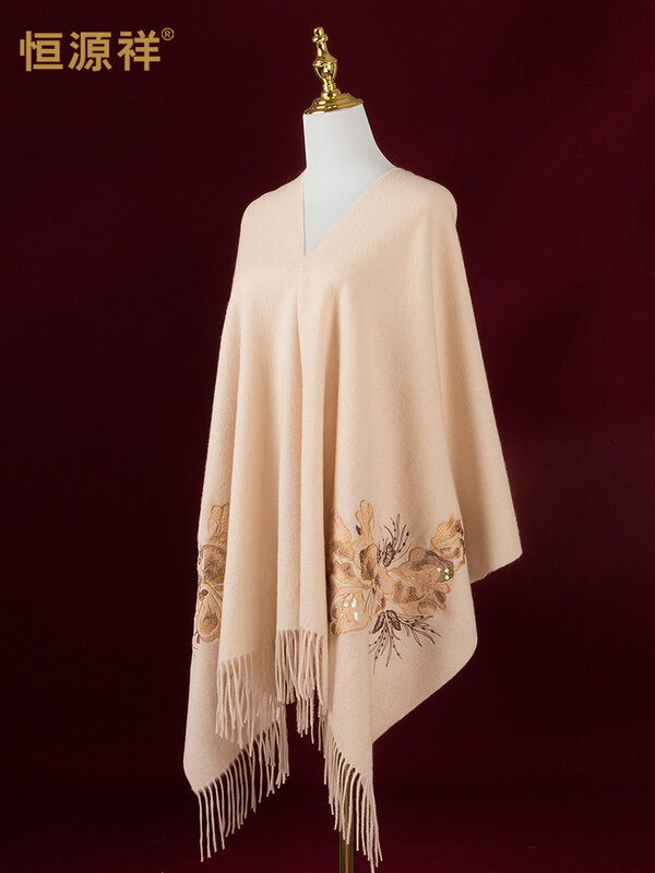 Hengyuanxiang-xale bordado de alta qualidade para mulheres, 100% lã, cachecol de inverno, estilo de mãe de meia idade, cheongsam de casamento, soja