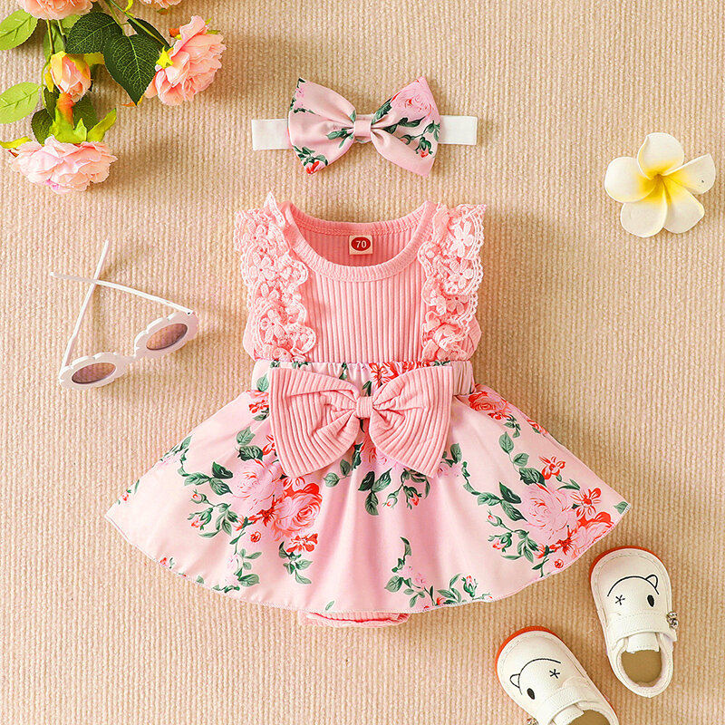Infant Baby Girls Patchwork Jumpsuit Flower Print Lace Sleeveless Round Neck Front Bowknot Romper Headband Baby Sweety Bodysuits