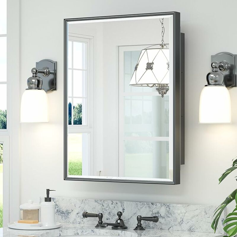 Tetote schwarz gerahmter 20x26 Zoll Medizin schrank mit Spiegel für Badezimmer Aluminium gerahmte Oberfläche oder vertiefte Wand Medici