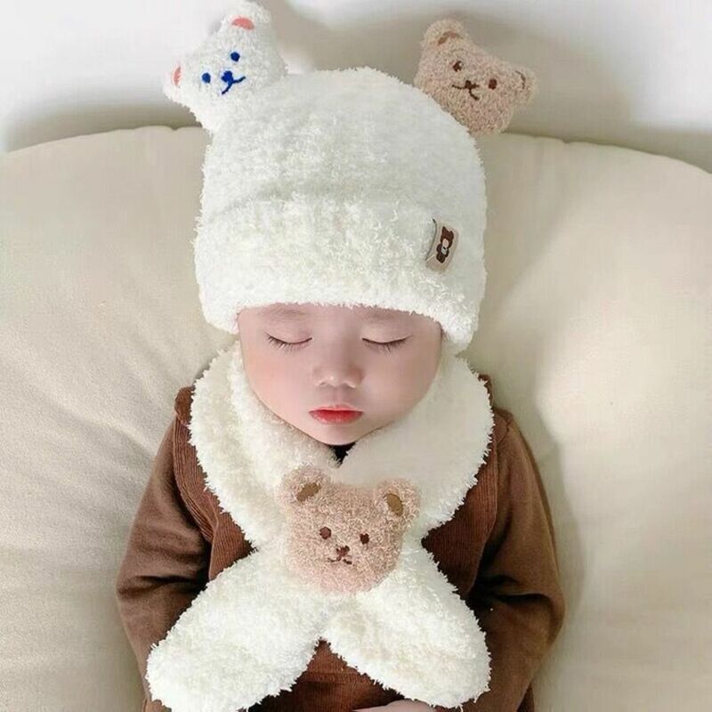 Desenhos animados do bebê urso orelha proteção chapéu e cachecol conjunto, malha grossa boné, manter aquecido, moda, gorro infantil, inverno