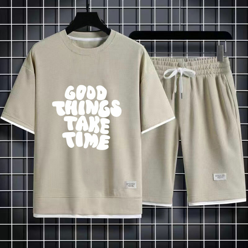 New Men's Two Piece Sets GOOD THINGS TAXE TIME T-Shirt And Shorts Summer High-Quality Mens Sports Suit Harajuku Casual Tracksuit