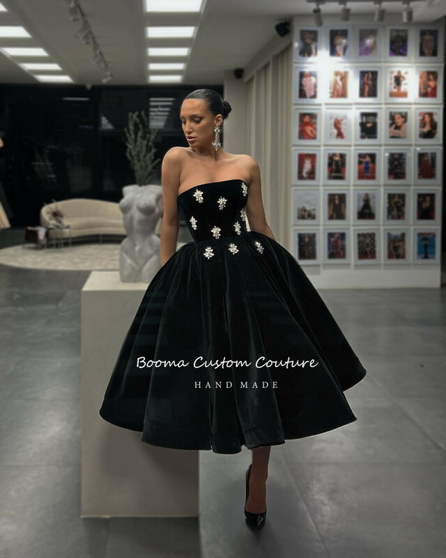 Booma czarne aksamitne Midi suknie balowe 2022 bez ramiączek kryształy plisowane welurowe formalne sukienek Tea-Length-line suknie wieczorowe