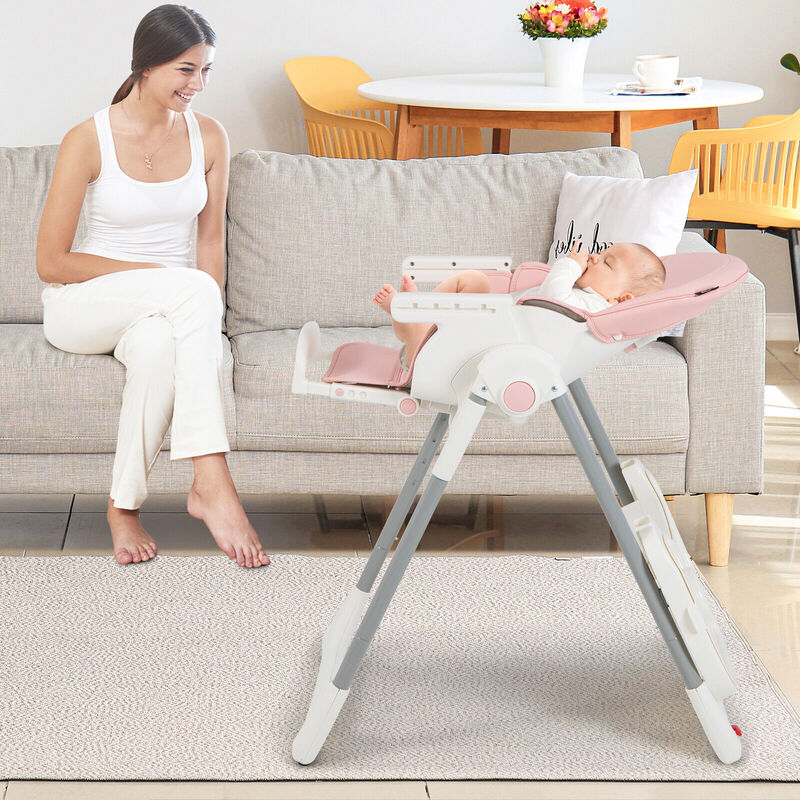 Babyjoy dobrável cadeira alta do bebê com 7 alturas ajustáveis & barra de brinquedos grátis para o divertimento rosa