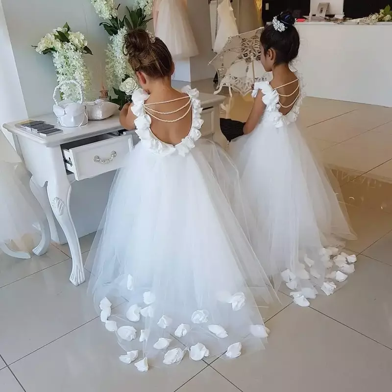 Backless Pearls Flower Girl Dress Trailer Puffy Little Girl Princess Wedding Birthday Party First Communion Holiday Gown