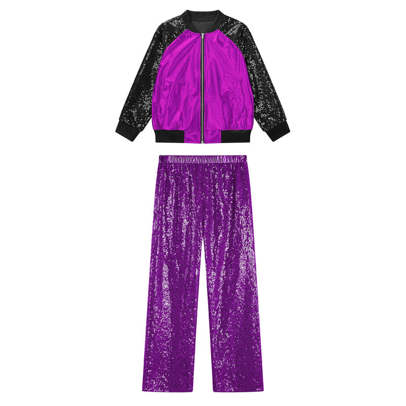 Jaqueta metálica brilhante e calça de lantejoulas feminina, traje de dança contemporânea moderna, roupas infantis, street dance, Team Show roupas