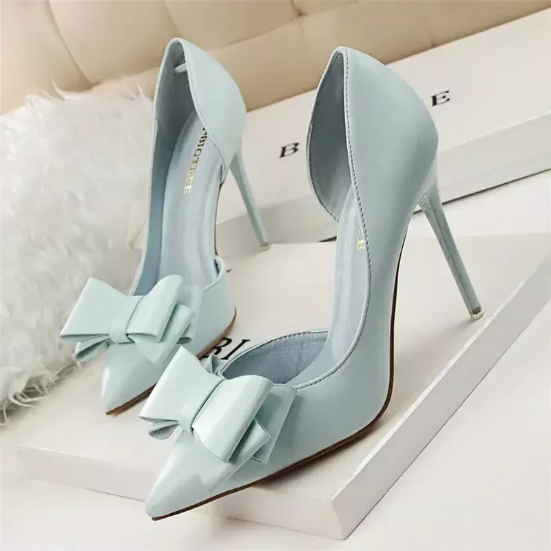 2023 Fashion Delicate Sweet Bowknot High Heel Shoes Side Hollow Pointed Women Pumps Pointed Toe 10.5CM thin Dress Shoes