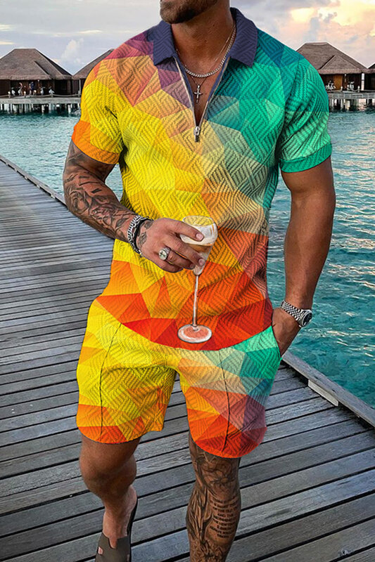 Костюм спортивный мужской летний из 2 предметов, гавайская рубашка-поло, повседневный деловой костюм, модная винтажная одежда на молнии с отложным воротником