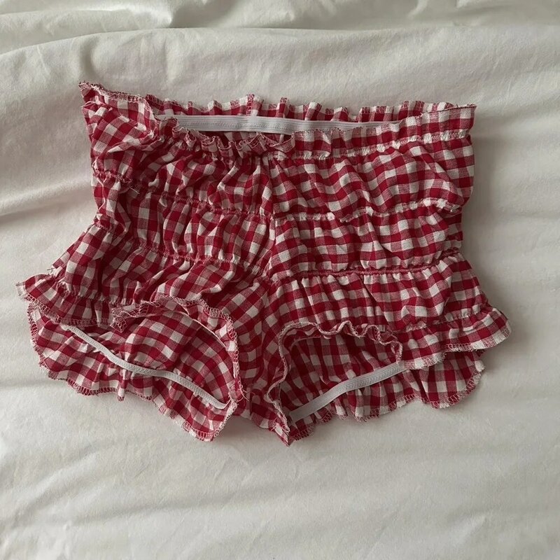 Pantalones cortos elásticos para mujer, Shorts de cintura baja con volantes, ropa a cuadros rojos y blancos, Y2k