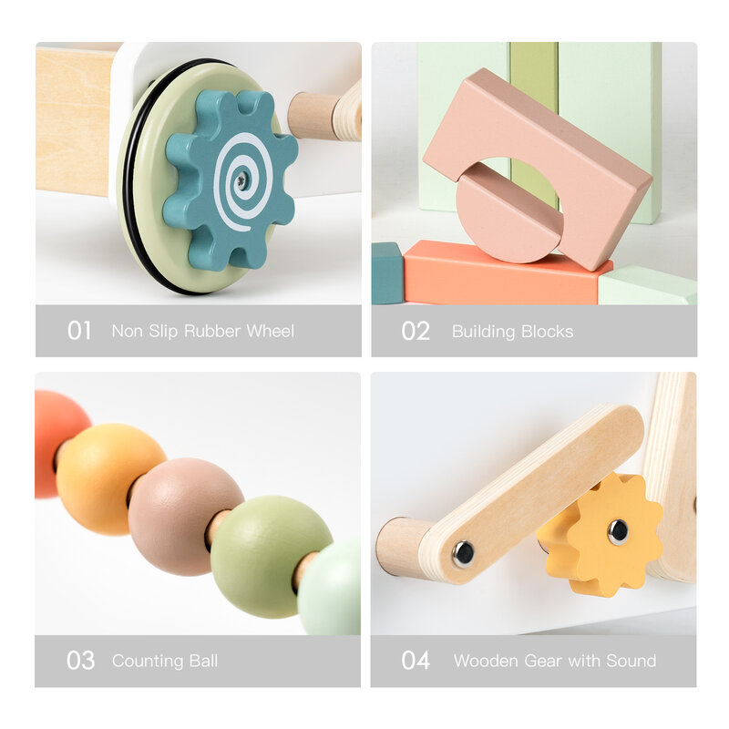 ビルディングブロック付きの木製ベビーウォーカー,赤ちゃんの学習のためのプッシュ玩具