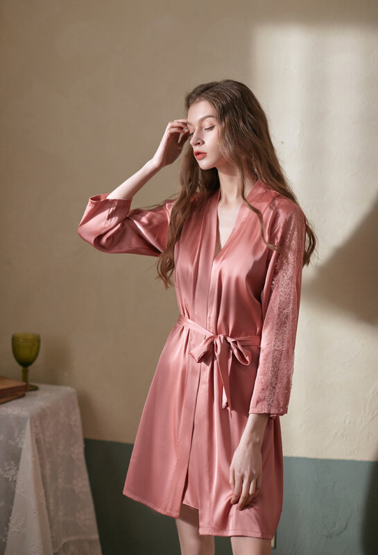 2 Buah Set Jubah Pakaian Tidur Renda Seksi Baju Tidur Wanita Satin Jubah Mandi Gaun Setelan Musim Panas Baru Kimono Pakaian Malam Pakaian Rumah
