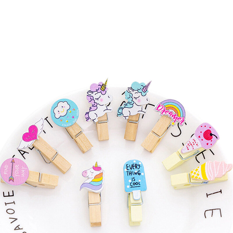 10Pcs Mini Clip di legno cartone animato creativo Kawaii gatto unicorno modellazione Clip di carta Clip di foto fai da te regalo decorativo per bambini