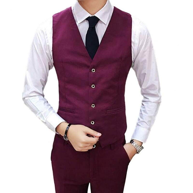 Men Suit Vest Waistcoat V Neck Sleeveless Solid Color Slim Fit Single-breasted Cardigan Formal Business Coat Groom Wedding Coat