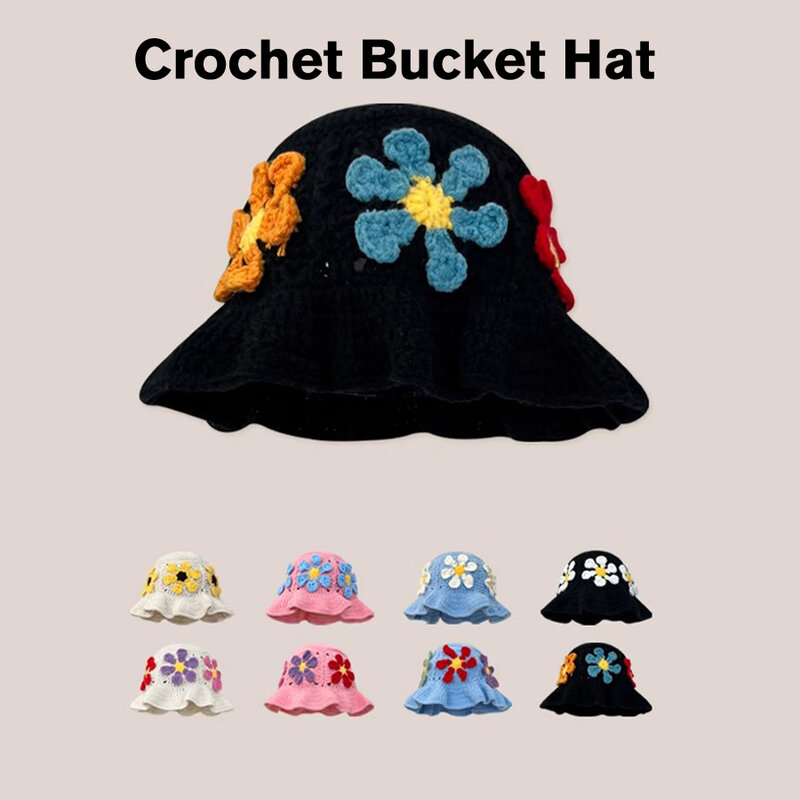 꽃 패치 크로셰 해바라기 크로셰 버킷 모자, 니트 태양 모자, 할머니 광장, 수제 접이식 플로피 비치 모자, 귀엽고 편안함