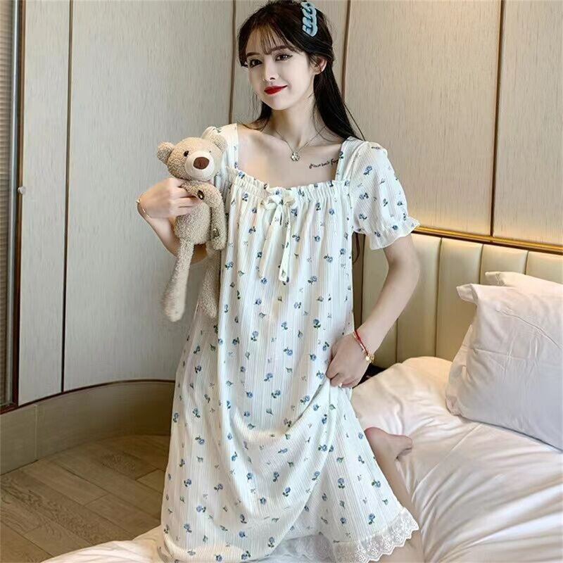Pajamas Summer New Printed Short-Sleeved Floral Nightdress Small Fragrance Wind One-Shoulder Cute Princess Style Loungewear