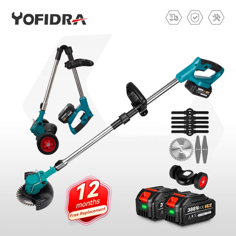 Yofidra Electric Lawn Mower Handheld For Makita 18V Battery Cordless Garden Grass Trimmer Length Adjustable with 2 Battery