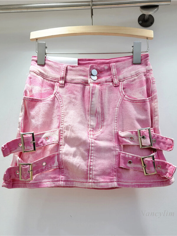 2024 Summer New Style Pink Hot Girl Ribbon Denim Skirt Women's High Waist Stretch Tooling Hip Skirts