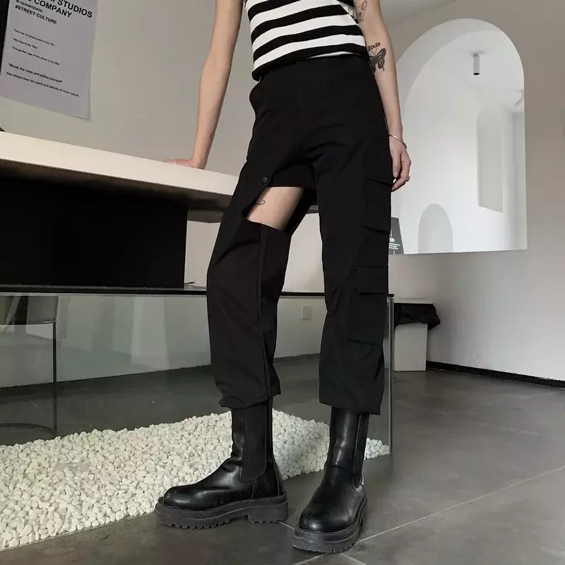 Pantalon cargo noir pour femme, streetwear, style coréen, poches patchwork, mode adt, taille haute, pantalon haren, automne, 2022