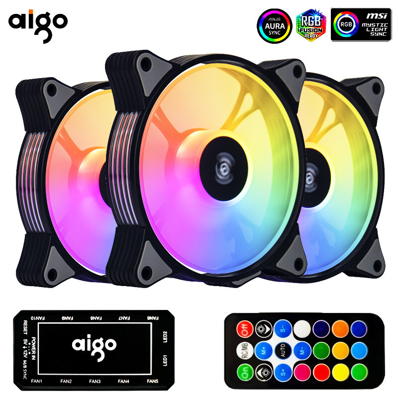 Aigo AR12 120mm PC พัดลมเคสคอมพิวเตอร์ RGB ฮีทซิงค์ Aura พอร์ต SATA 12cm เย็นตัวควบคุมแบบเงียบ armb พัดลมระบายความร้อนระบายอากาศ